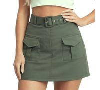 janisramone® Belted Summer Cargo Skorts for Women UK, High Waisted Mini Skirt with Shorts Underneath, Combat Stretchy Ladies Black Skort with Pockets, Casual Plain Women's Skirts for Sports & Hiking