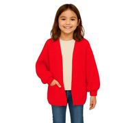 janisramone® Girls Balloon Sleeve Cardigan with Pockets, Open Front Chunky Knitted Oversized Cardigan Comfortable Warm Winter Cardigans for Girls Age 7-13 Years Red