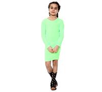 janisramone® Girls Bodycon Mini Dress, Plain Round Neck Long Sleeve Knee Length Dresses UK, Kids Casual Soft Stretchy Tunic Mini Top, Stylish Party Dress Neon Green