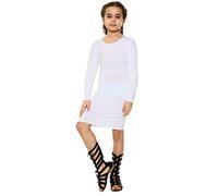 janisramone® Girls Bodycon Mini Dress, Plain Round Neck Long Sleeve Knee Length Dresses UK, Kids Casual Soft Stretchy Tunic Mini Top, Stylish Party Dress White
