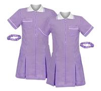 janisramone® Girls Gingham School Dress, Pack of 2 Short Sleeve Check Print Summer Dress, Zip Up Pleated School Uniform Girls with Side Pockets and Hair Bobble, Ages 3-18 Purple