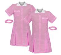 janisramone® Girls Gingham School Dress, Pack of 2 Short Sleeve Check Print Summer Dress, Zip Up Pleated School Uniform Girls with Side Pockets and Hair Bobble, Ages 3-18 Pink