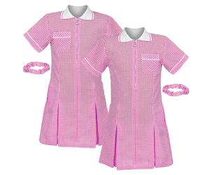 janisramone® Girls Gingham School Dress, Pack of 2 Short Sleeve Check Print Summer Dress, Zip Up Pleated School Uniform Girls with Side Pockets and Hair Bobble, Ages 3-18 Pink