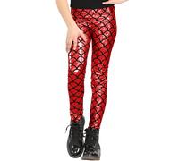 janisramone® Girls Mermaid Leggings, Holographic Fish Scale Metallic Leggings Kids Elasticated Waist Skinny Trouser, Slim Fit Party Disco Pants Red