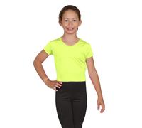 janisramone® Girls Short Sleeve Tee Shirts, Stretchy Microfiber Round Neck Crop Tops for Girls, Plain Summer Top, Kids Running Yoga Playing Active Sports Wear Cropped T-Shirt Neon Yellow