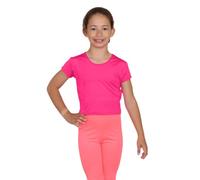 janisramone® Girls Short Sleeve Tee Shirts, Stretchy Microfiber Round Neck Crop Tops for Girls, Plain Summer Top, Kids Running Yoga Playing Active Sports Wear Cropped T-Shirt Neon Pink