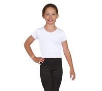 janisramone® Girls Short Sleeve Tee Shirts, Stretchy Microfiber Round Neck Crop Tops for Girls, Plain Summer Top, Kids Running Yoga Playing Active Sports Wear Cropped T-Shirt White