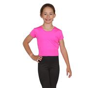 janisramone® Girls Short Sleeve Tee Shirts, Stretchy Microfiber Round Neck Crop Tops for Girls, Plain Summer Top, Kids Running Yoga Playing Active Sports Wear Cropped T-Shirt Neon Pink