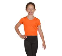 janisramone® Girls Short Sleeve Tee Shirts, Stretchy Microfiber Round Neck Crop Tops for Girls, Plain Summer Top, Kids Running Yoga Playing Active Sports Wear Cropped T-Shirt Neon Orange