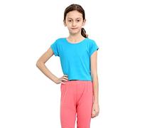 janisramone® Girls T Shirts, Round Neck Short Sleeve Crop Top, Plain Casual Kids Tshirt, Stretchy Lightweight Summer Top, Playing Running Yoga Basic Tops, Girls Activewear Turquoise