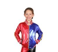janisramone® Kids Halloween Costumes Girls Shiny Wet Look Satin Halloween Jacket, Red and Blue Long Sleeve Boys Bomber Jacket With Property of Joker Print on the Back