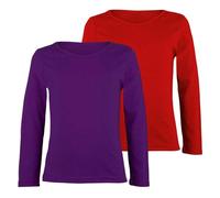 janisramone® Kids Long Sleeve T Shirt, Pack of 2 Plain Round Neck Boys Long Sleeve T Shirt, Comfortable Girls School Shirts, Stretchy Girls Tops and Boys Sports Top, Basic Summer Top Purple - Red