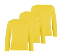 janisramone® Kids Plain T Shirt, Pack of 3 Basic Round Neck Boys Long Sleeve T Shirt, Stretchy Girls School Shirts, Casual Girls and Boys Sports Top, Comfortable Summer Top Yellow