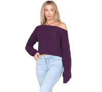 janisramone® Knitted Crop Jumper for Women, Slash Neck Long Sleeve Casual Winter Sweater, Winter Off Shoulder Jumper Top Purple