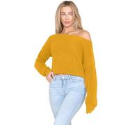 janisramone® Knitted Crop Jumper for Women, Slash Neck Long Sleeve Casual Winter Sweater, Winter Off Shoulder Jumper Top Mustard