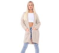 janisramone® Ladies Chunky Cardigans, Baggy Oversized Cable Knitted Cape Cardigan, Warm Longline Cardigans for Women UK Open Front Long Cardigan with Pockets, Women Winter Outwear Stone