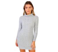 janisramone® Ladies Polo Neck Cable Knit Jumper Dress, Mini Bodycon Pullover, Long Sleeve Turtleneck Womens Sweater, Winter Knitted Casual & Party Wear Grey