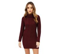 janisramone® Ladies Polo Neck Cable Knit Jumper Dress, Mini Bodycon Pullover, Long Sleeve Turtleneck Womens Sweater, Winter Knitted Casual & Party Wear Wine
