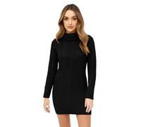 janisramone® Ladies Polo Neck Cable Knit Jumper Dress, Mini Bodycon Pullover, Long Sleeve Turtleneck Womens Sweater, Winter Knitted Casual & Party Wear Black