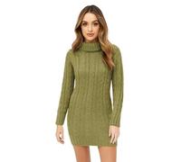 janisramone® Ladies Polo Neck Cable Knit Jumper Dress, Mini Bodycon Pullover, Long Sleeve Turtleneck Womens Sweater, Winter Knitted Casual & Party Wear Khaki