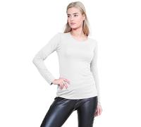 janisramone® Long Sleeve T Shirts Women, Plain Round Neck Breathable Basic Summer Tops for Women UK, Stretchy Slim Fitted Going Out Tops Cream