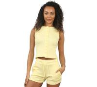 janisramone® Lounge Wear Sets for Women UK, Plain Ribbed Crew Neck Button Down Sleeveless Cropped Top With Elasticated Drawstring Waist Shorts, 2 Pcs Co Ord Sets for Women