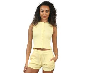 janisramone® Lounge Wear Sets for Women UK, Plain Ribbed Crew Neck Button Down Sleeveless Cropped Top With Elasticated Drawstring Waist Shorts, 2 Pcs Co Ord Sets for Women