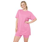 janisramone® Plain 2Pcs Ladies Pyjamas Co ord Sets for Women, Baggy Longline Womens T-Shirts & Stretchy Elasticated Cycling Womens Shorts, Summer Gym Casual Activewear Lounge Sets for Women,UK 8-16