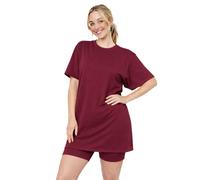janisramone® Plain 2Pcs Ladies Pyjamas Co ord Sets for Women, Baggy Longline Womens T-Shirts & Stretchy Elasticated Cycling Womens Shorts, Summer Gym Casual Activewear Lounge Sets for Women,UK 8-16