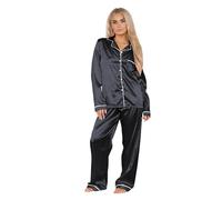 janisramone® Satin Silk Pyjamas for Women UK, 2 pcs Comfy PJs for Women Sets, Button Down Long Sleeves & Trouser Ladies Pyjamas, Womens Nightwear Loungewear Silk Pjs Set Size 8-14