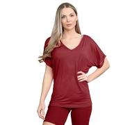 janisramone® V Neck Tops for Women UK, Women's Summer Tops, Baggy Fit Oversized T-Shirts for Womens, Batwing Turn Up Sleeve Casual T-Shirt Sizes 6-26 Wine