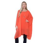 janisramone® Women Chiffon Kimono Top with Necklace, Round Neck Batwing Long Sleeve Top, Elegant Summer Tops for Women UK, Plain Baggy Long Kimono, Ladies Italian Tops Orange