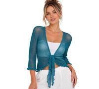 janisramone® Women s Shrugs, Double Fine Knit 3/4 Sleeve Tie Front Top, Bolero Cardigans for Women, Stretchy Cropped Cardigan, Lightweight Summer Shrug, Ladies Evening Tops Petrol Blue