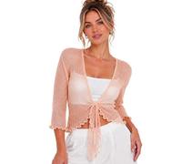 janisramone® Women s Shrugs, Double Fine Knit 3/4 Sleeve Tie Front Top, Bolero Cardigans for Women, Stretchy Cropped Cardigan, Lightweight Summer Shrug, Ladies Evening Tops