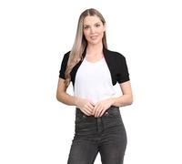 janisramone® Women's Cardigans, Ribbed Cotton Bolero Jackets for Women - Chic Short Sleeve Cardigans for Women UK, Stylish Open Front Crop Top Shrugs and Boleros for Evening Black