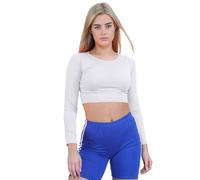 janisramone® Womens Crew Neck Crop Top, Long Sleeve Stretchy Summer Tops for Women UK, Plain Slim Fit Cropped Top, Ideal Casual Wear and Going Out Tops White