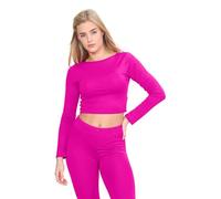 janisramone® Womens Crew Neck Crop Top, Long Sleeve Stretchy Summer Tops for Women UK, Plain Slim Fit Cropped Top, Ideal Casual Wear and Going Out Tops Neon Pink