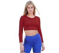 janisramone® Womens Crew Neck Crop Top, Long Sleeve Stretchy Summer Tops for Women UK, Plain Slim Fit Cropped Top, Ideal Casual Wear and Going Out Tops Wine