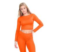 janisramone® Womens Crew Neck Crop Top, Long Sleeve Stretchy Summer Tops for Women UK, Plain Slim Fit Cropped Top, Ideal Casual Wear and Going Out Tops Neon Orange