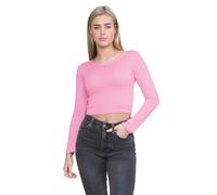 janisramone® Womens Crew Neck Crop Top, Long Sleeve Stretchy Summer Tops for Women UK, Plain Slim Fit Cropped Top, Ideal Casual Wear and Going Out Tops Rose Pink