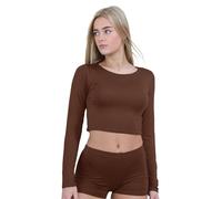 janisramone® Womens Crew Neck Crop Top, Long Sleeve Stretchy Summer Tops for Women UK, Plain Slim Fit Cropped Top, Ideal Casual Wear and Going Out Tops Chocolate