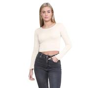 janisramone® Womens Crew Neck Crop Top, Long Sleeve Stretchy Summer Tops for Women UK, Plain Slim Fit Cropped Top, Ideal Casual Wear and Going Out Tops Cream