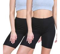 janisramone® Womens Cycling Shorts, Pack of 2 Plain Elasticated Waist Over Knee Skinny Fit Ladies Gym Shorts, Soft Stretchy Yoga Sports Running Women Activewear Black