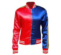 janisramone® Womens Halloween Costume Red and Blue Jacket, Long Sleeve Zip up Satin Bomber Jacket Women With Property of Joker Print on the Back, Ideal Cosplay & Fancy Dress Costumes