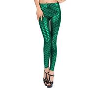 janisramone Womens Ladies New Holographic Mermaid Fish Scale Print Skinny Disco Metallic Leggings Pants Jade Green