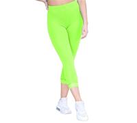janisramone Womens Ladies New Lace Trim Plain 3/4 Length Leggings Gym Stretch Capri Cropped Jogging Pants Neon Green