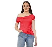 janisramone Womens Ladies New Off Shoulder Plain Short Sleeve Stretchy Band Slim Fit Bardot T-Shirt Summer Top Red