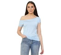 janisramone Womens Ladies New Off Shoulder Plain Short Sleeve Stretchy Band Slim Fit Bardot T-Shirt Summer Top Sky Blue