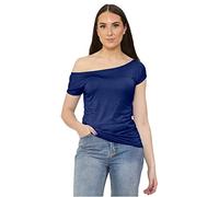 janisramone Womens Ladies New Off Shoulder Plain Short Sleeve Stretchy Band Slim Fit Bardot T-Shirt Summer Top Navy