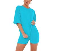 janisramone Womens Ladies New Plain Baggy Longline T-Shirt PJ Dress Cycling Shorts 2 Pcs Set Summer Lounge Wear Turquoise